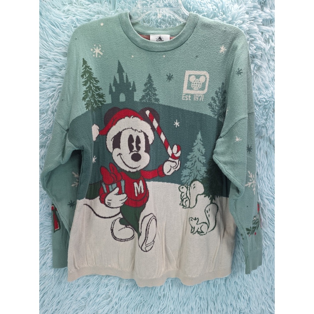 Disney World Christmas Mickey Mouse Knit Spirit Jersey Sweater Green Adult S